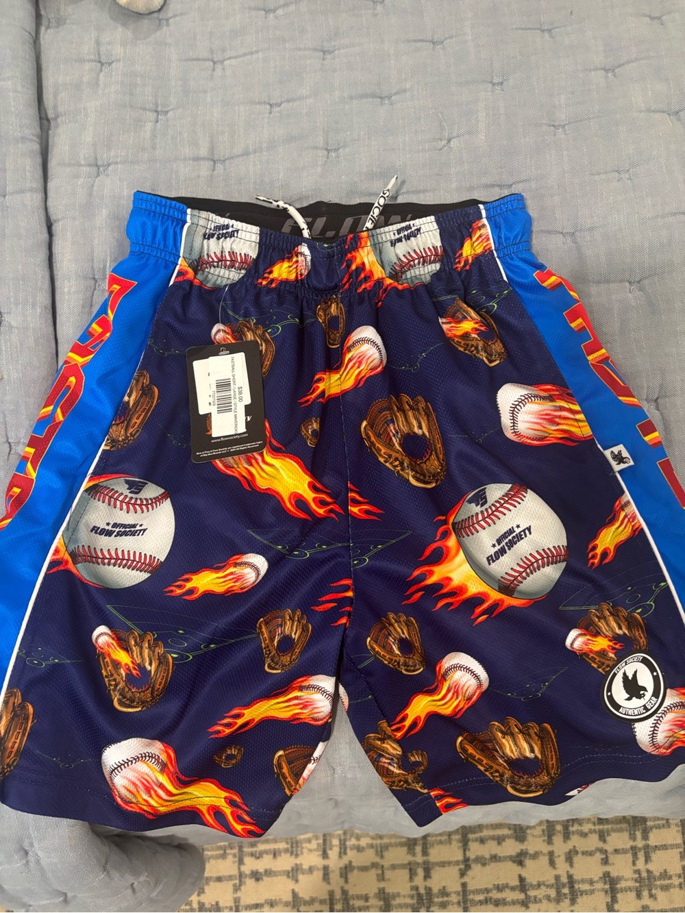 Kids Navy Blue Baseball Flame Print Athletic Shorts